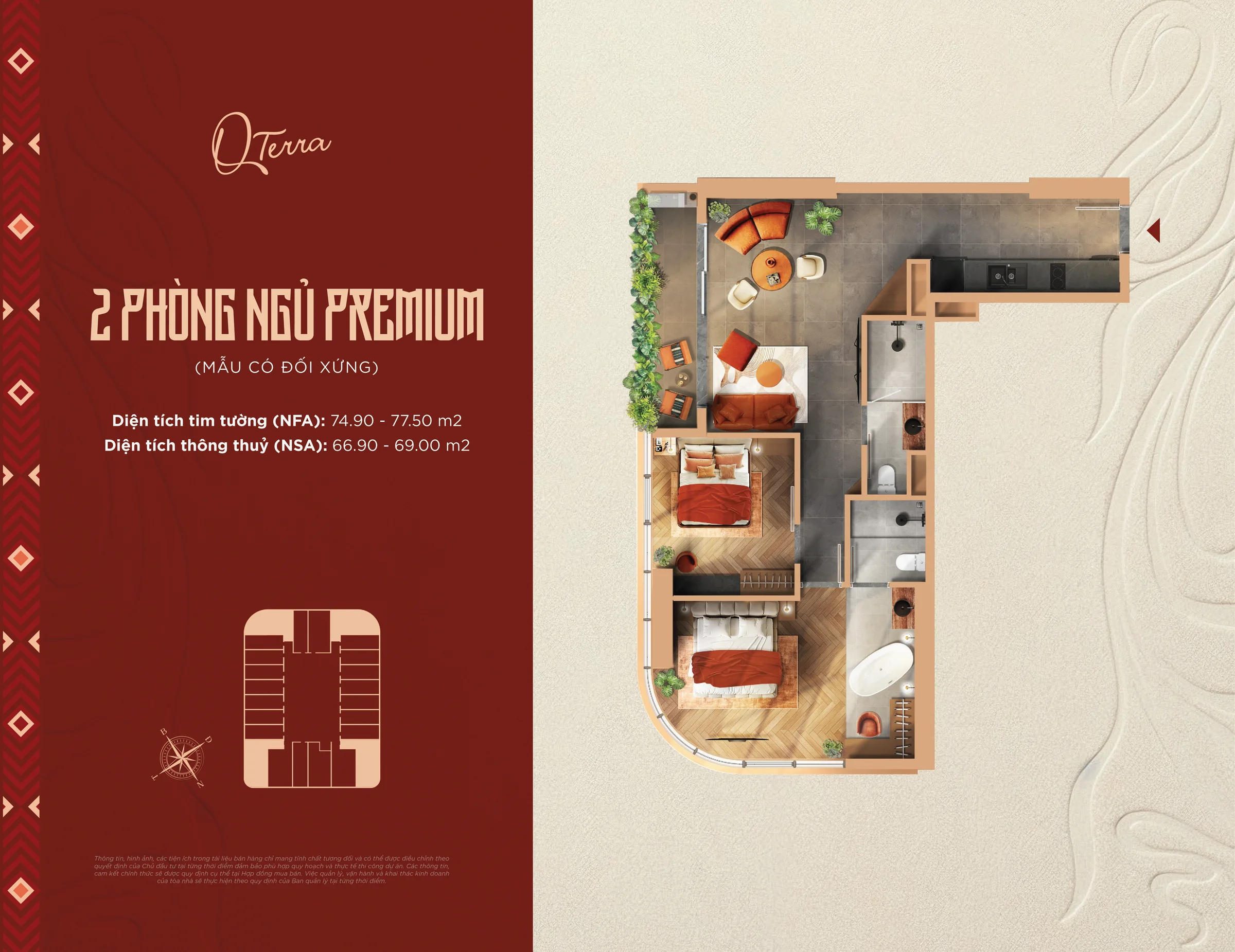 Layout Căn 2PN Premium 77.5 m2